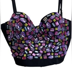 Retro Stage 3D Rhinestone Embellished Spaghetti Strap Crop Top